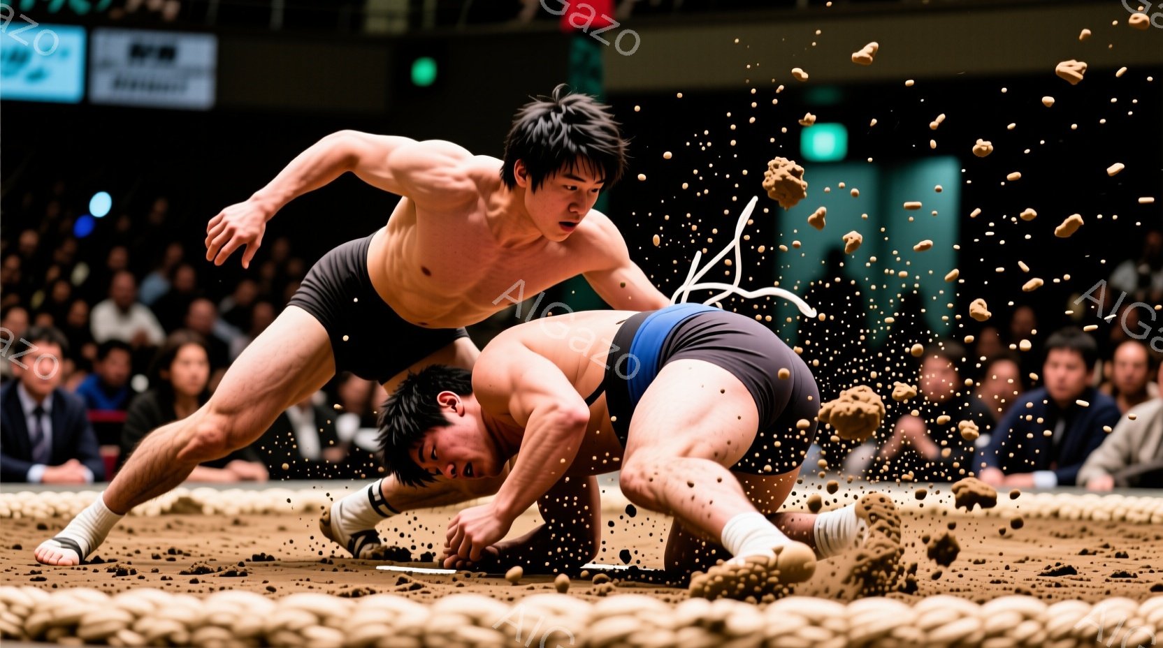 相撲の土俵上で激しい攻防を繰り広げる力士二人。片方の力士は相手の背中に寄りかかり、もう片方の力士は膝をついて抵抗しており、土俵から砂が舞い上がっている。観客席には多くの観客がおり、興奮した様子が伺える。