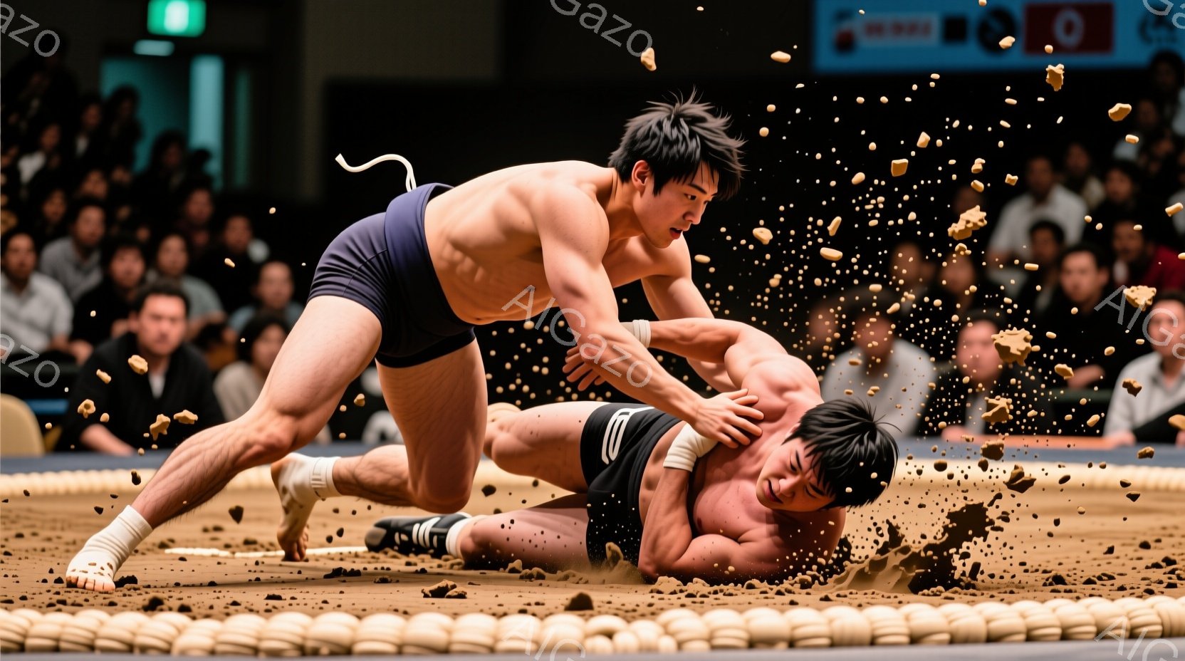 2人の力士が土俵上で激しく組み合っている様子が写っている。彼らはそれぞれ締め込みを着用し、髪は髷（ちょんまげ）に結われている。土俵の周りには観客がおり、砂埃が舞い上がっていることから、激しい攻防が繰り広げられている緊迫した雰囲気が伝わってくる。