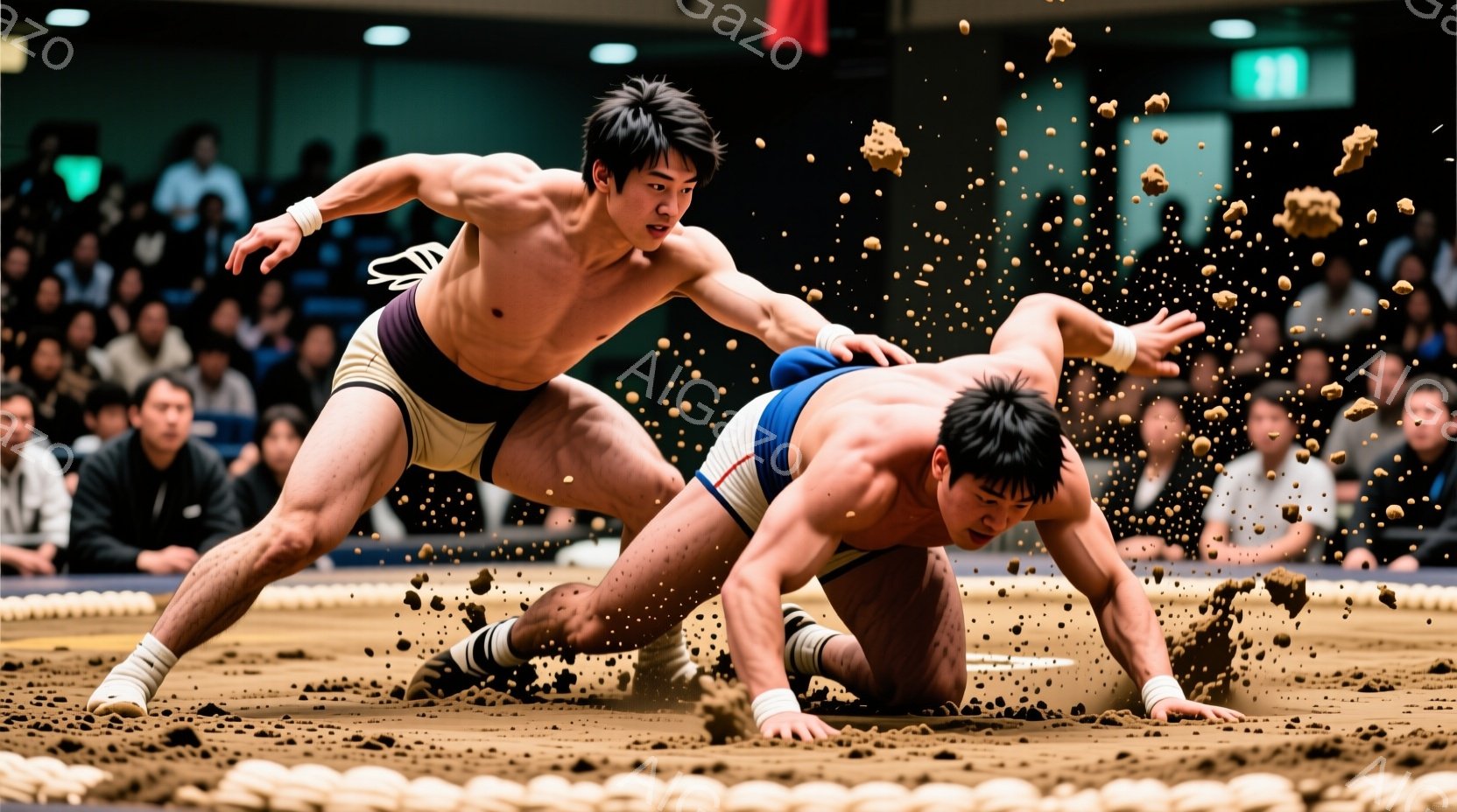 力士二人が土俵上で激しい相撲の最中です。片方の力士は上半身をむき出し、茶色の締め込みを着用し、もう片方の力士は紺色の締め込みを着ています。土俵から土が舞い上がり、力強い動きと緊張感が伝わってきます。