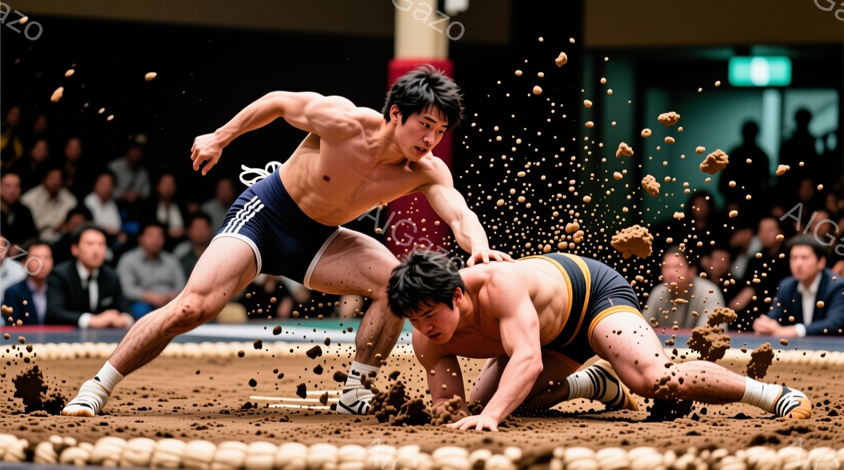 力士二人が土俵上で激しい攻防を繰り広げている様子が捉えられています。片方の力士は黒のまわしと白い足袋を身につけ、地面にうずくまるように倒れており、もう一人の力士は同様の服装で、相手に襲い掛かるような姿勢をとっています。土俵の周囲には観客が密集し、土が舞い上がっていることから、緊迫感と興奮に満ちた雰囲気が伝わってきます。
