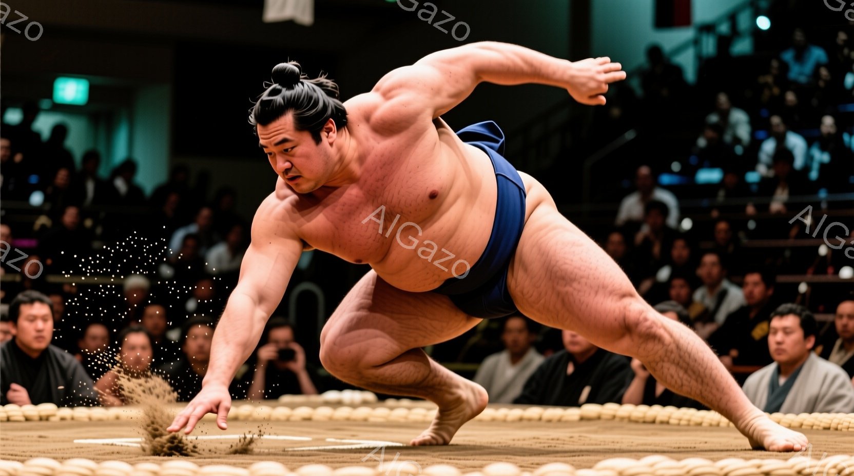 力士が土俵上で身構える姿が捉えられています。彼は伝統的な締め込みを着用し、磨き上げた髷（まげ）を結っています。力強い表情で、土俵に手を添え、次の動きに向けて一歩踏み出そうとしており、周囲には観客が密集し、熱気に満ちた雰囲気です。