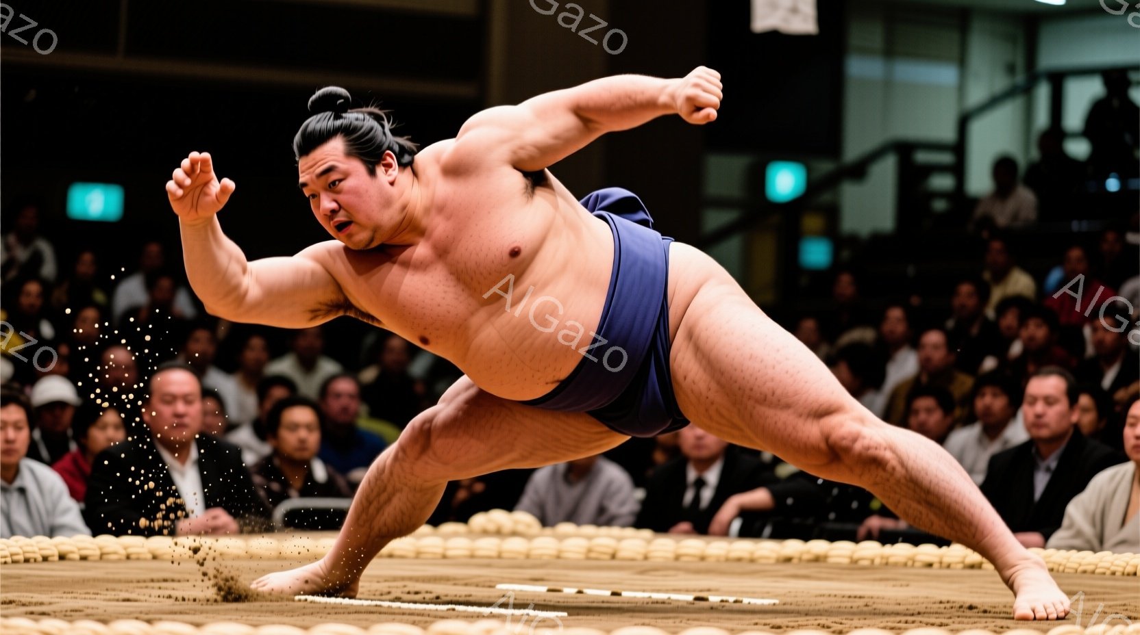 力士が土俵上で力強く踏み出している瞬間を捉えた写真です。紺色の締め込みを身につけ、特徴的な丁髷（ちょんまげ）を頭に結い、顔には闘志が漲っています。土俵からは土が舞い上がり、観客席には多くの観客が詰めかけ、力強い緊張感が伝わってきます。