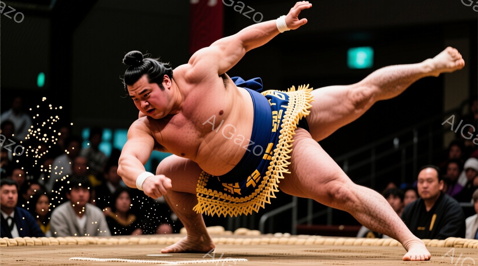 力士が土俵上で激しい動きを見せている。彼は締め込みと呼ばれる伝統的な下着を身につけ、右足を大きく上げて左足で踏ん張り、力強い姿勢を見せている。背景には観客席がぼやけて写り、土俵周りには白い塩が撒かれている様子から、本場所の熱気ある雰囲気が伝わってくる。