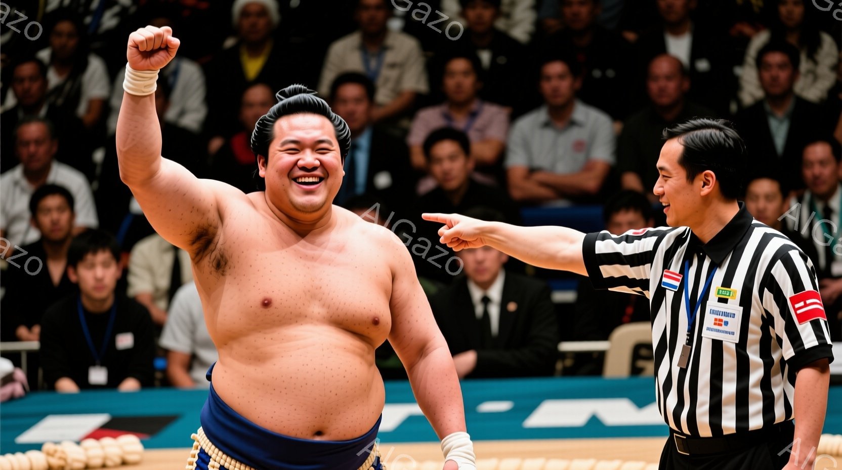 満面の笑みを浮かべた力士が、右手を高く突き上げて勝利を喜んでいます。彼は伝統的な締め込みを身につけ、短く刈り込んだ髪型で、筋肉質な体格が強調されています。背景には観客席が見え、競技場の床には藁が敷かれていることから、相撲の試合が行われている場面であることがわかります。
