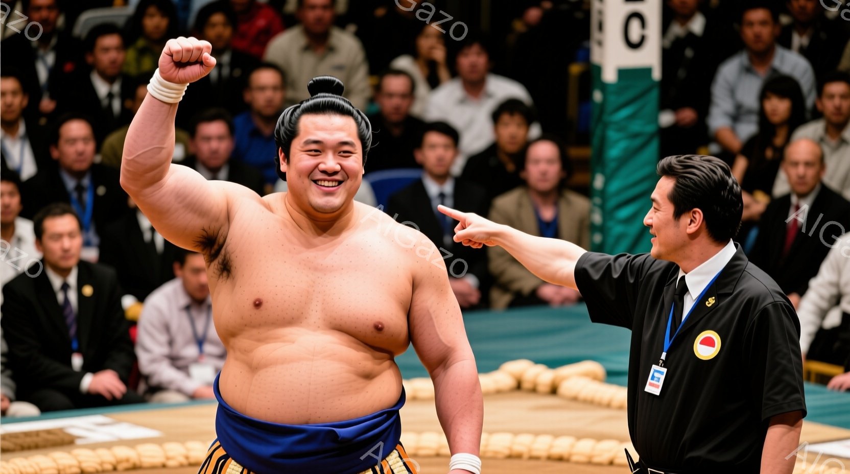 満面の笑みを浮かべ、右手を高く上げた力士が中央にいる。彼は締紐（しめなわ）を締め、力強い体格を誇っている。背景には観客席が見え、土俵の上で競技が終わった直後の喜びの瞬間を捉えている。 - AI生成フリー素材