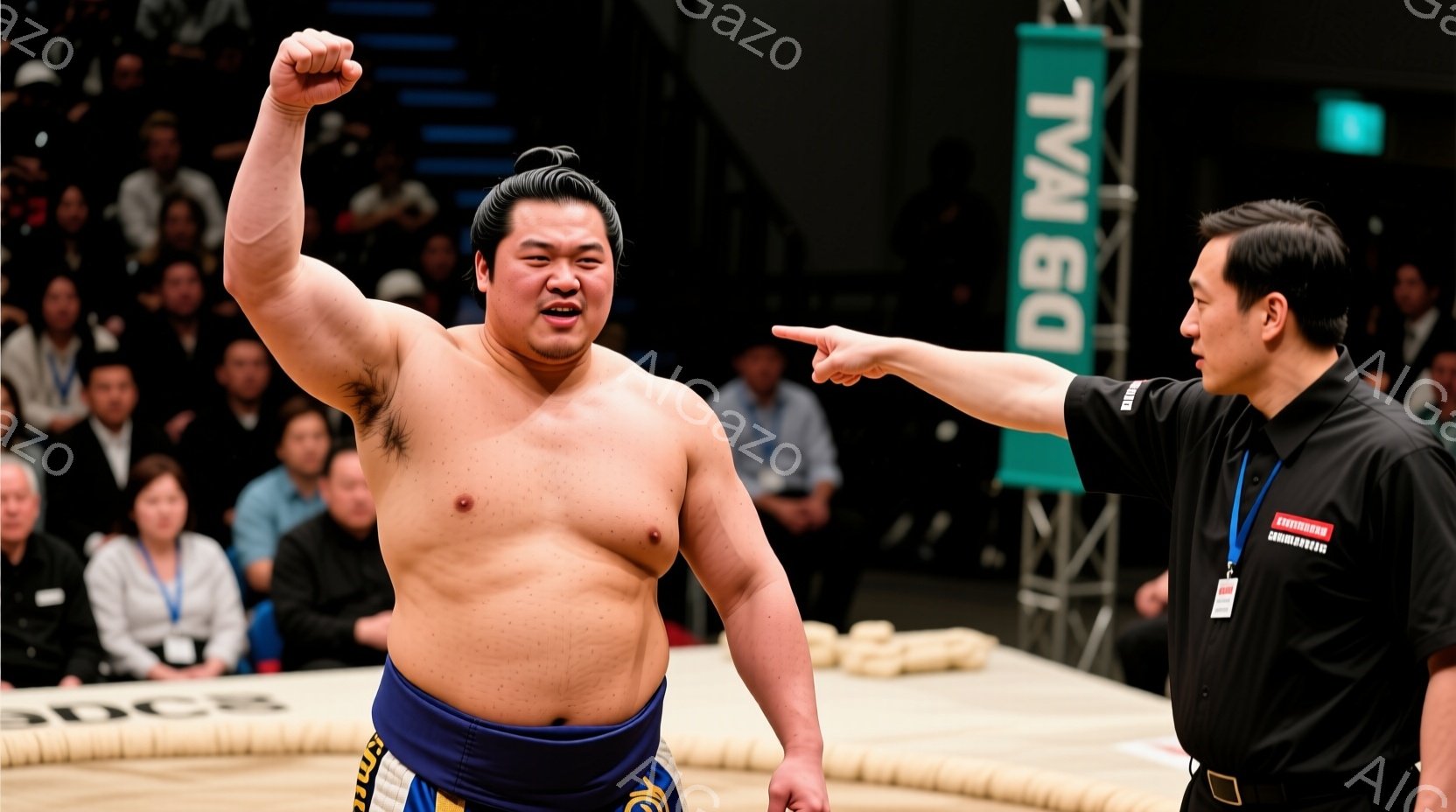 力士が土俵上で右手を高く上げ、勝利を喜んでいる様子が写っている。彼は藍色の廻しを着け、力強い表情で観客を見つめている。背景には観客席とリングアナウンサーがおり、会場全体が興奮と熱気に満ちている。 - AI生成フリー素材