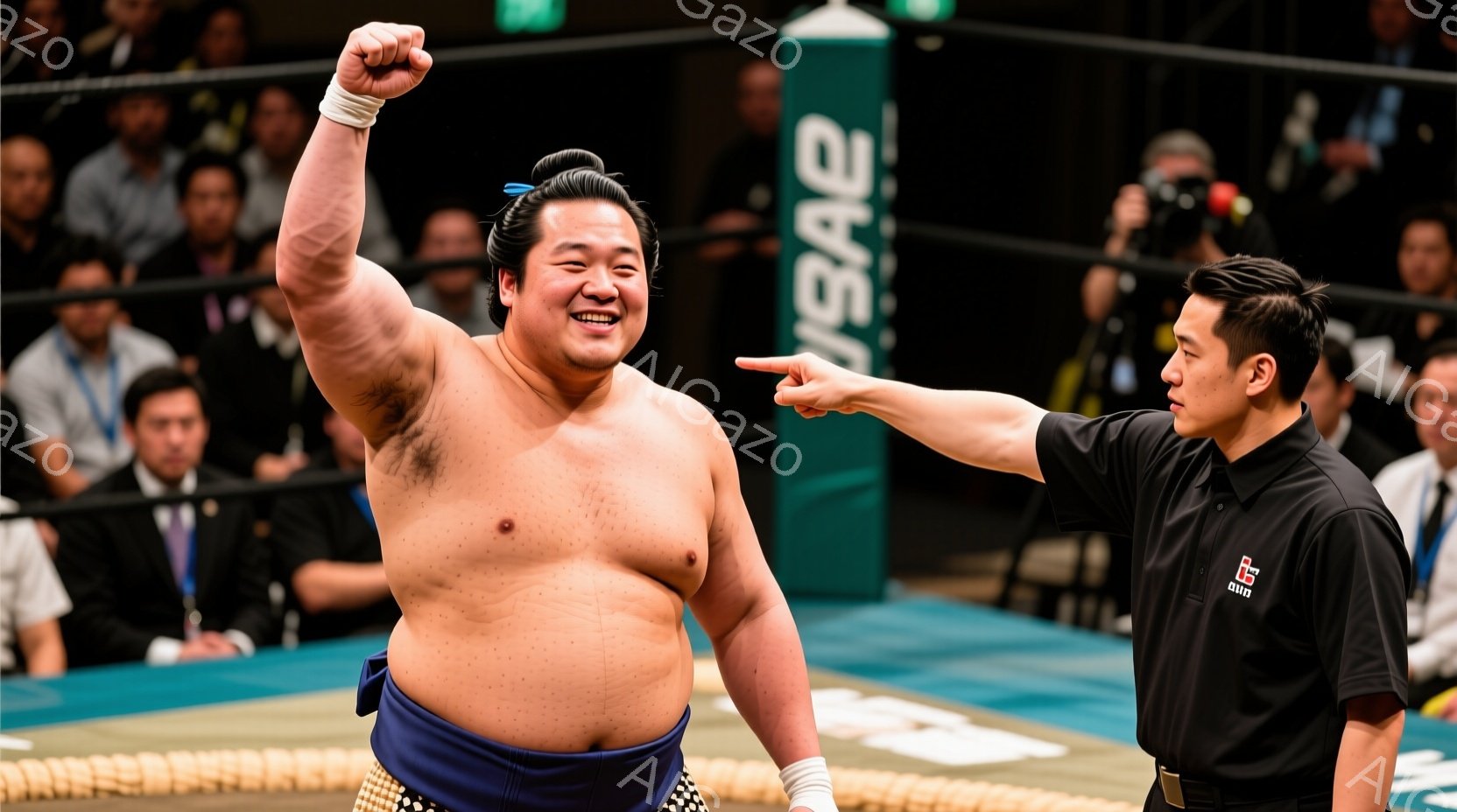 相撲取りが土俵上で右手を高く上げ、勝利をアピールしている。彼は白い廻（まわし）を締め、力強い表情で歓喜している。背景には観客席と照明があり、相撲の熱気と興奮が伝わってくる。