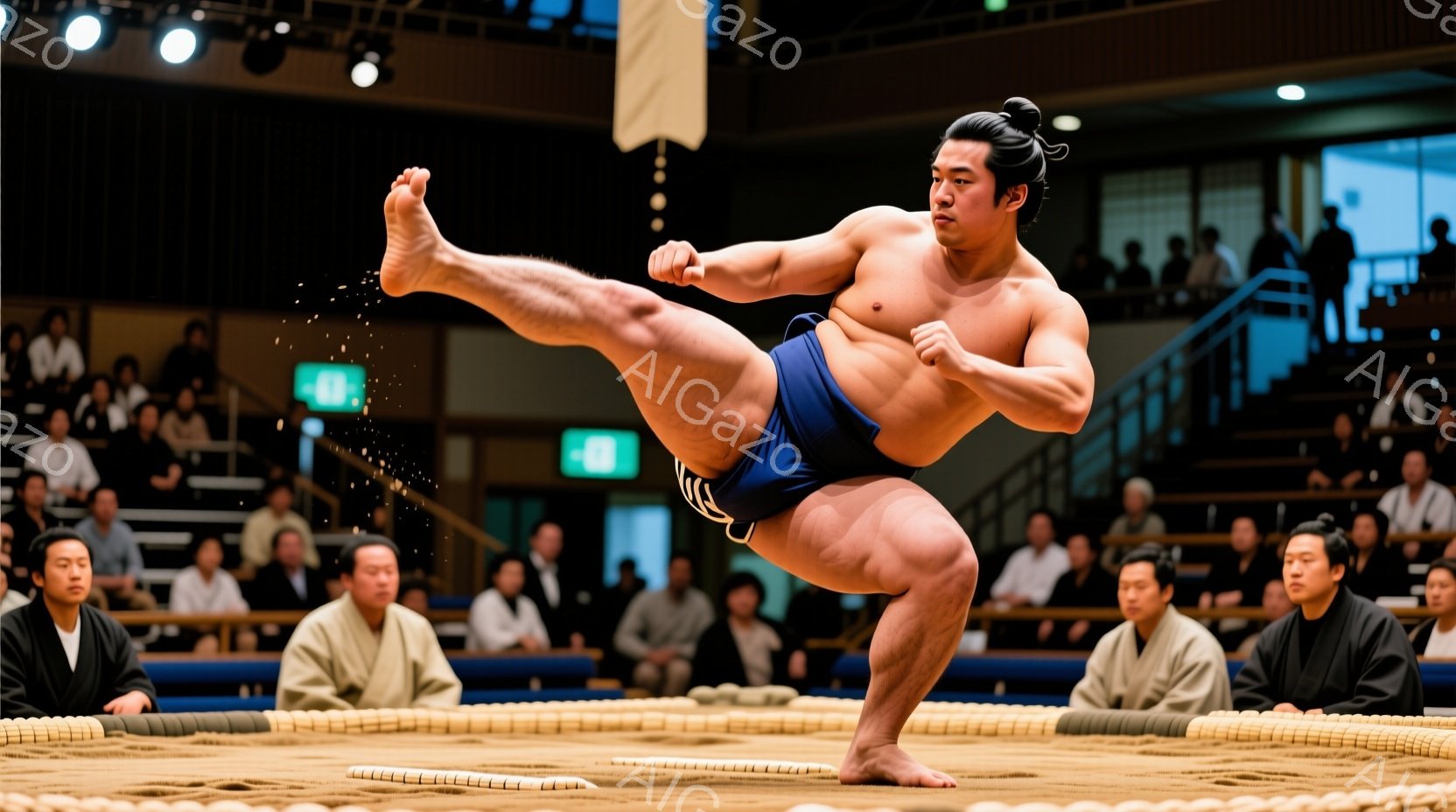 力士が土俵上で、片足を大きく上げて技を繰り出そうとしている姿が捉えられています。彼は紺色の締め込みを着用し、髷（まげ）を結い、力強い表情で技に集中しています。背景には観客席が見え、土俵を取り囲むように座っている人々が、このダイナミックな一瞬を見守っています。