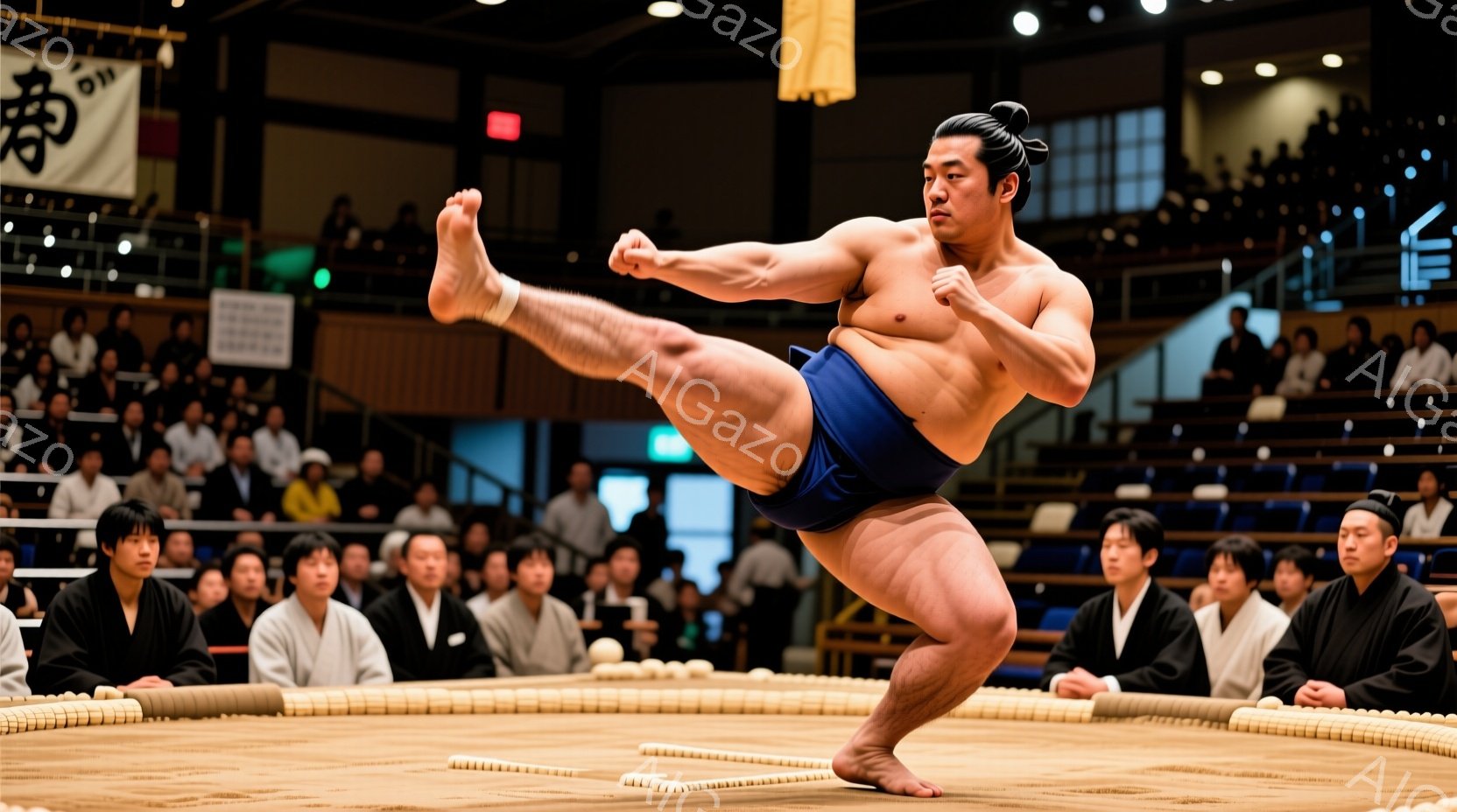 力士が土俵上で技を繰り出す瞬間を捉えた写真です。彼は青色の廻（まわし）を締め、片足を大きく上げて躍動感あふれる姿勢をとっています。背景には観客席が広がり、多くの人々が試合を見守る様子が伺えます。 - AI生成フリー素材