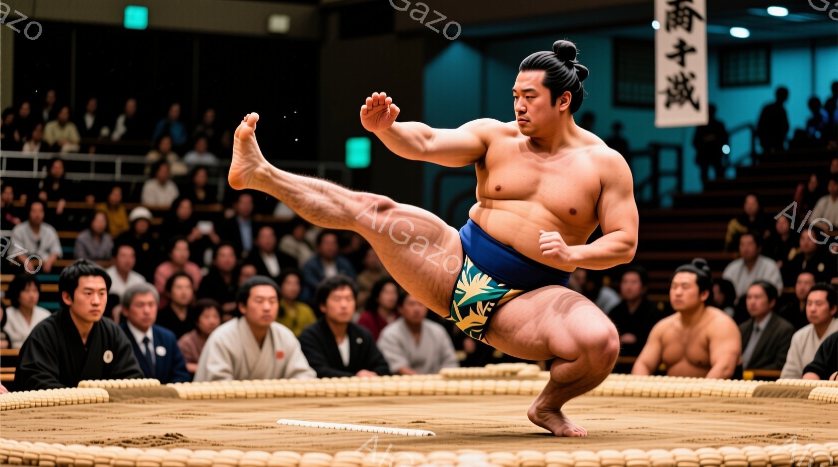 競技場の中央で力士が力強い姿勢で体を宙に浮かせており、左足を高く上げ、右足と両手で体を支えています。彼は紺色の締め込みを着用しており、頂knot（ちょんまげ）で髪を結っています。背景には観客席が広がり、多くの人が力士のパフォーマンスを見守っています。
