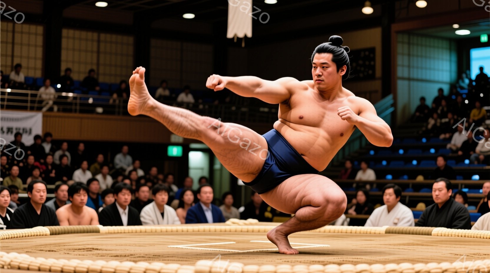 満身創痍の力士が土俵上で、片足立ちで大きく足を振り上げる様子が捉えられています。黒い廻（まわし）を締め、髪は丁髷（ちょんまげ）に結い上げ、力強い表情で決意を固めているのがわかります。観客席には多くの人 - AI生成フリー素材