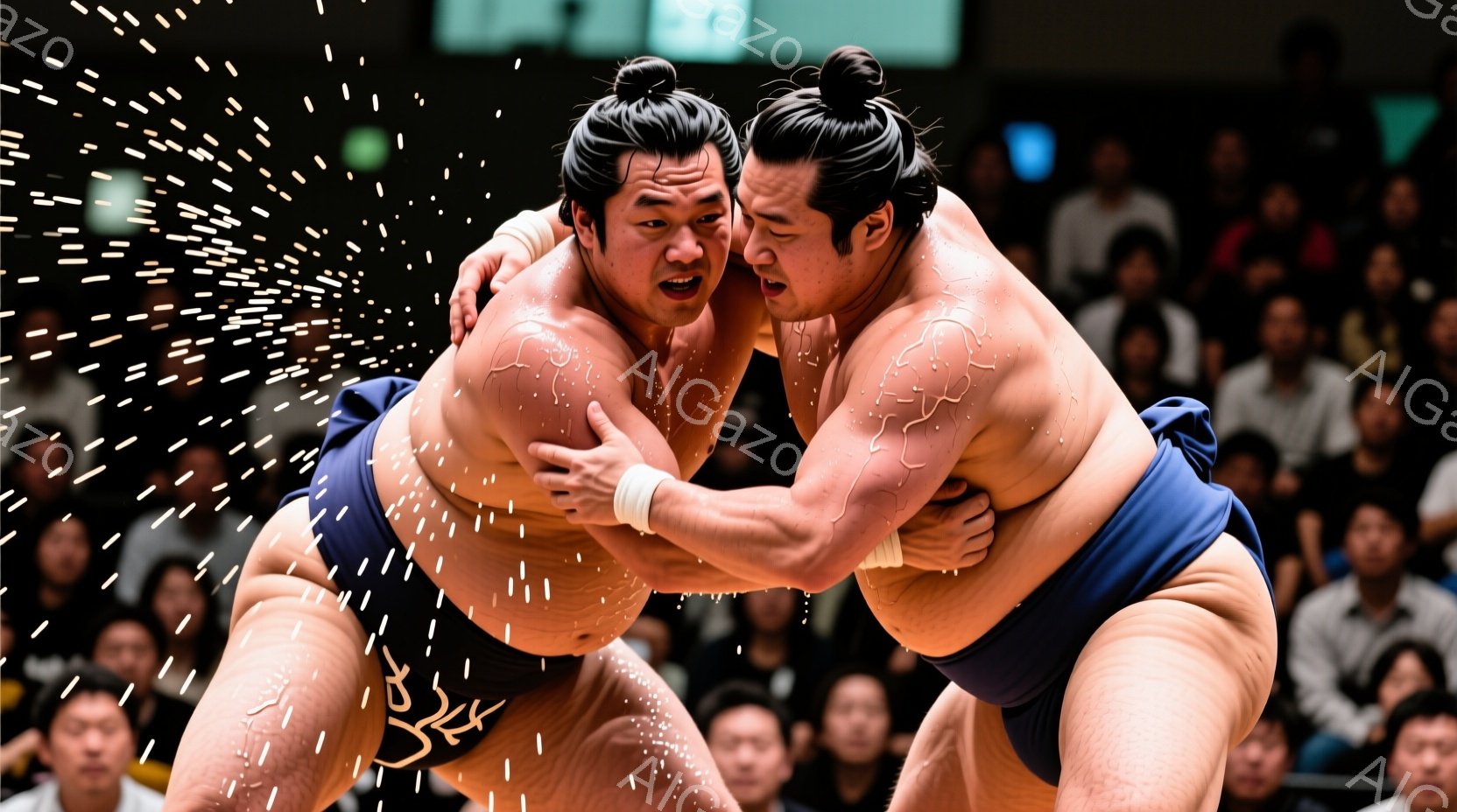 決まった相撲の瞬間を捉えた写真で、力士たちが激しい組み合いをしている様子が描かれています。力士たちは締め込みを着用し、特徴的なちょんまげの髪型で、真剣な表情で互いに組み付いています。背景には観客席が見え、競技場内は熱気に包まれている様子が伺えます。