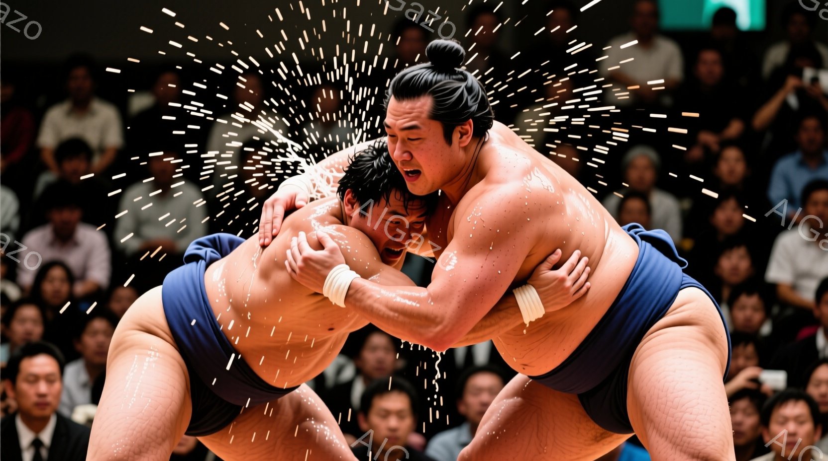力士たちが相撲の決まり手で激しく組み合っている瞬間を捉えた写真です。彼らは締め込みと呼ばれる伝統的な下着を身につけ、頭髪を髷（ちょんまげ）に結っています。背景には観客が密集しており、水しぶきが飛び散る様子から激しい攻防が繰り広げられている様子が伝わってきます。