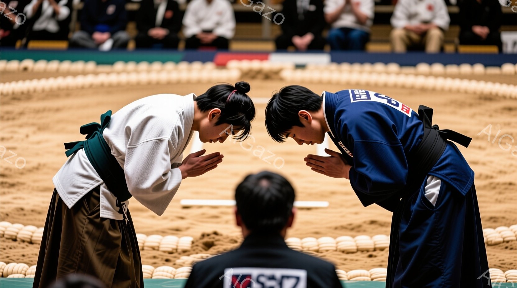 畳の上で柔道着を着た二人の男性が向かい合って礼をしている。片方は白の柔道着、もう片方は濃い青色の柔道着を着用しており、黒色の帯で締めている。背景には観客席が見え、柔道の試合前の厳粛な雰囲気が漂っている。