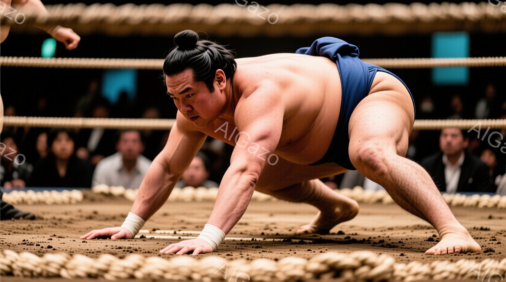 力士が土俵の上で四股を踏む姿勢をとっている。彼は締め込みと呼ばれる伝統的な下着を身につけ、特徴的なちょんまげの髪型をしている。背景にはぼやけた観客席と、土俵を囲む大きな縄が見え、厳粛で緊張感のある大相撲の雰囲気が漂っている。
