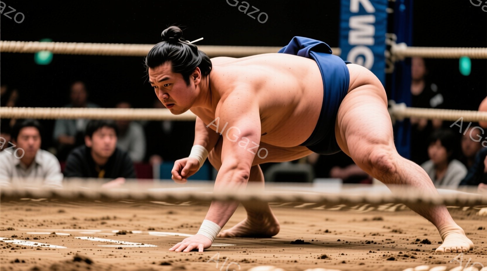 力士が土俵の上で四股を踏む姿が捉えられています。彼はまわしと呼ばれる伝統的な下着を着用し、団子状に結い上げた髷（もぐら）が特徴的です。背景にはぼやけた観客席が見え、土俵全体に緊張感と集中感が漂っています。