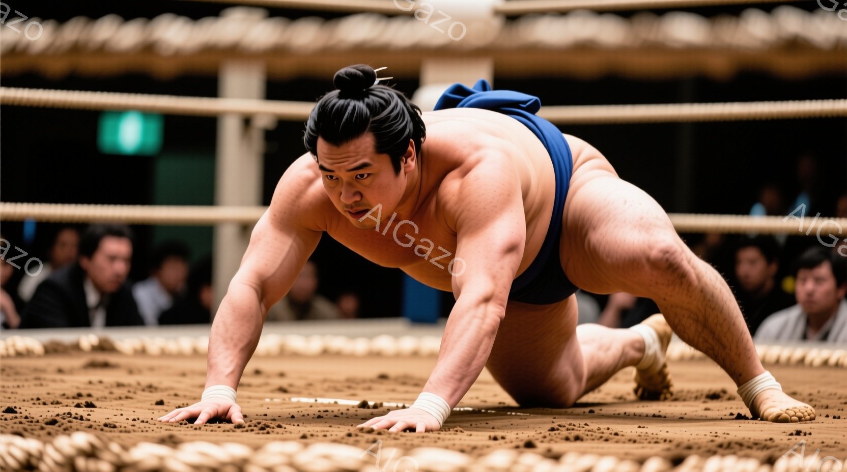 力士が土俵の上で四つん這いになり、決意に満ちた表情で対戦相手を見据えています。彼は伝統的なちょんまげの髪型で、締め込みと呼ばれる腰布のみを身に着けています。背景にはぼやけた観客席が見え、土俵の周囲にはリングロープが張られており、緊迫感のある相撲の瞬間を捉えています。