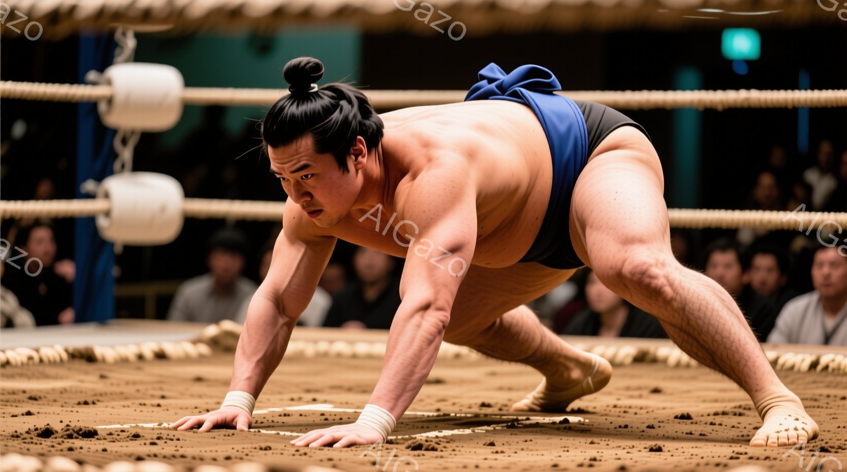 競技者は土俵上で四つん這いになり、力強い姿勢で対戦相手に臨んでいる。黒い締め込みを身につけ、頭髪は丁髷（ちょんまげ）に結われている。背景にはぼやけた観客席が見え、土俵を囲むように藁縄が張られており、競技場の緊張感と伝統的な雰囲気が漂っている。
