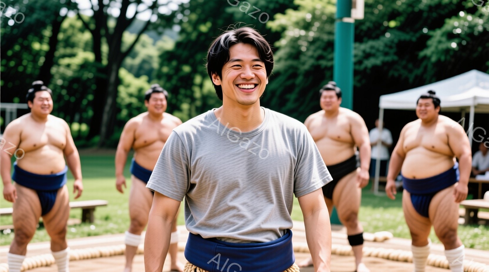 屈強な力士たちが土俵の周りに集まり、正面には笑顔の若い男性が立っている。彼は灰色のTシャツと青色の廻（まわし）を着用し、自信に満ちた表情を見せている。背景には緑豊かな木々と白いテントがあり、晴天の下、 - AI生成フリー素材