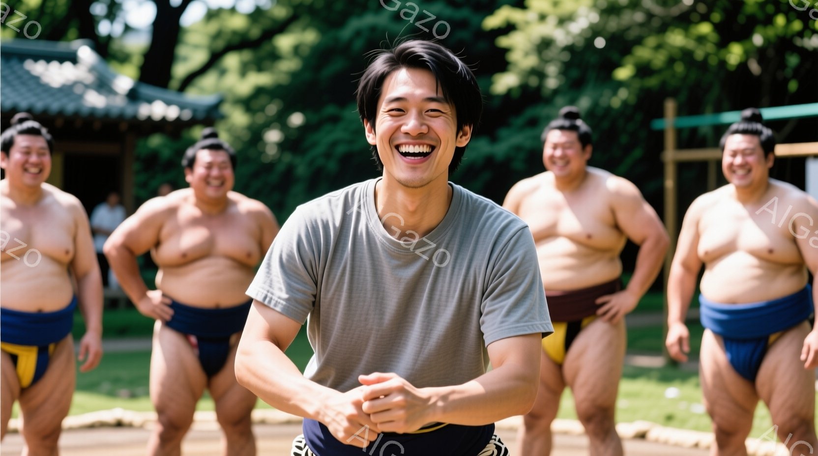 画像中央には、明るい笑顔を浮かべた若い男性が、灰色Tシャツと相撲士のような巻き紐（まわし）姿で立っている。背景には、まわしを着けた屈強な相撲士たちが円陣を組み、楽しそうにしている様子がうかがえる。晴天の下、緑豊かな自然に囲まれた場所で、活気ある相撲の練習風景が捉えられている。