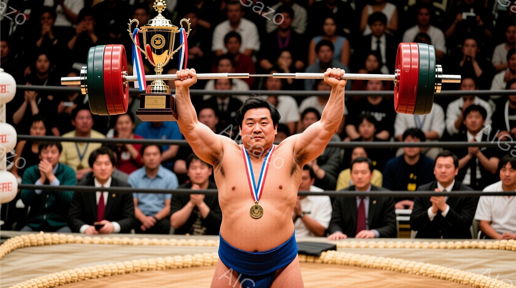 力士が土俵上で、両手にトロフィーとバーベルを持ち上げて勝利を祝っている様子が写っている。彼は紺色の締め込みを身につけ、胸には金色のメダルとトロフィーが輝いている。背景には観客席が広がり、多くの人々が力士の勝利を祝福している熱気のある雰囲気が伝わってくる。
