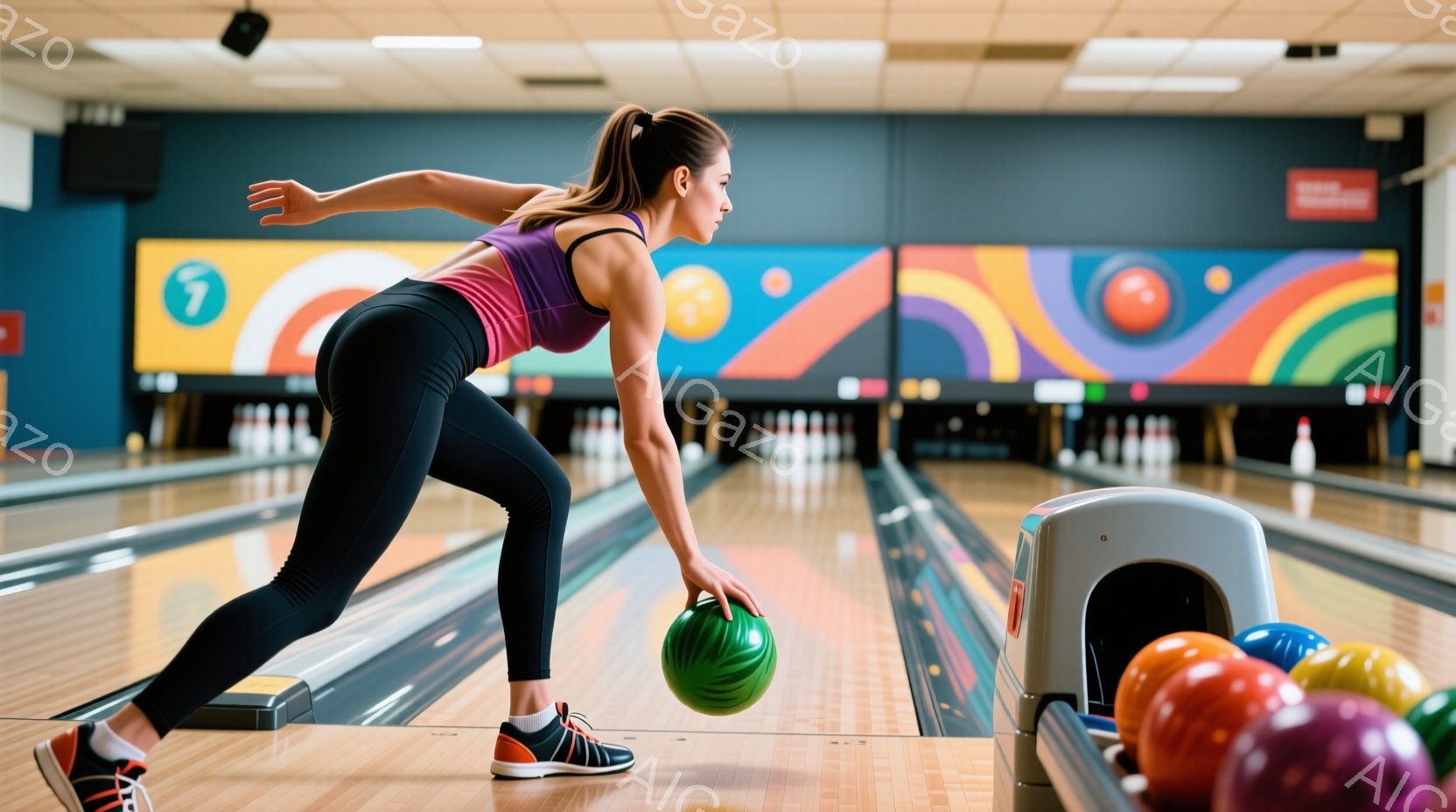ボウリング場のレーンで、女性が緑色のボールを投げる直前の様子が写っています。彼女は黒のレギンスとピンクのタンクトップを着ており、髪はポニーテールに結ばれています。背景にはカラフルな装飾と並んだボウリン - AI生成フリー素材