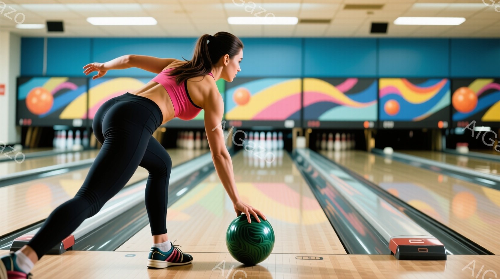 ボウリング場でボウリングをする女性を示しています。彼女はピンクのスポーツブラと黒いレギンス、そしてカラフルなスニーカーを身につけ、髪はポニーテールに結ばれています。彼女はボールを放つために体をひねり、 - AI生成フリー素材