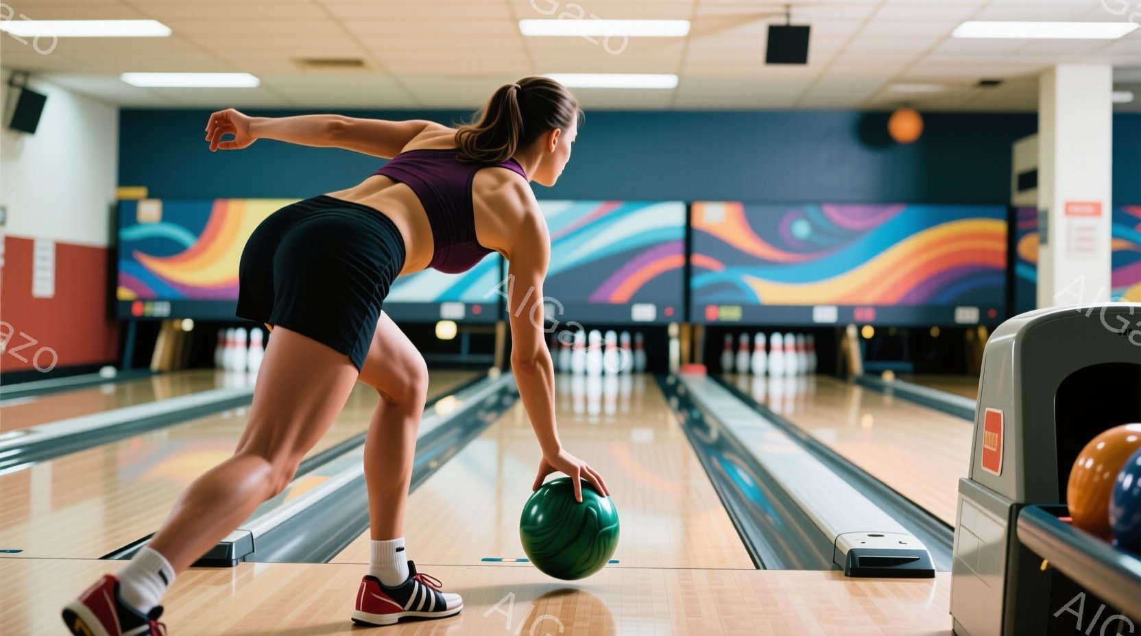ボウリング場で、紫色のタンクトップと黒いショートパンツ、そしてスニーカーを履いた女性が、緑色のボールを持ってボウリングのレーン上を歩いている。彼女は少し前かがみの姿勢で、ボールをリリースする準備をしているように見える。背景にはカラフルな模様の壁と、レーンの奥にボウリングピンが並んでいる様子が見える。