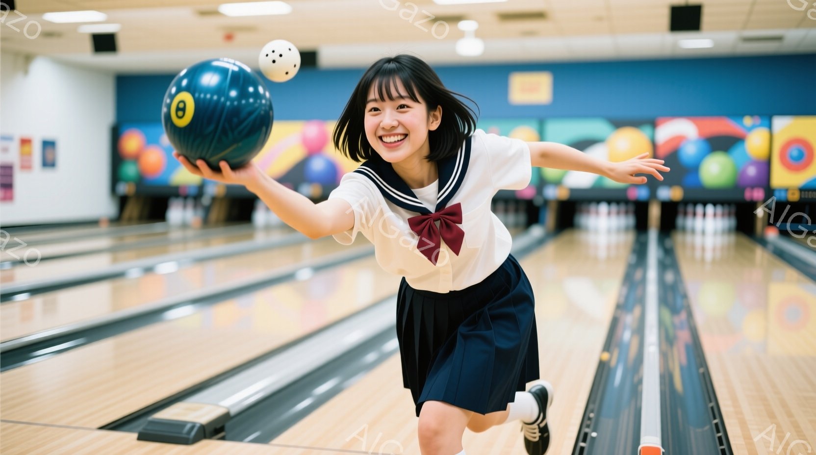 紺色のスカートと白いブラウス、赤いリボンをつけた女子高生が写っています。彼女はボウリングのレーンを走り、ボウリングボールを振りかぶっており、満面の笑みを浮かべています。背景には、カラフルな装飾が施され - AI生成フリー素材