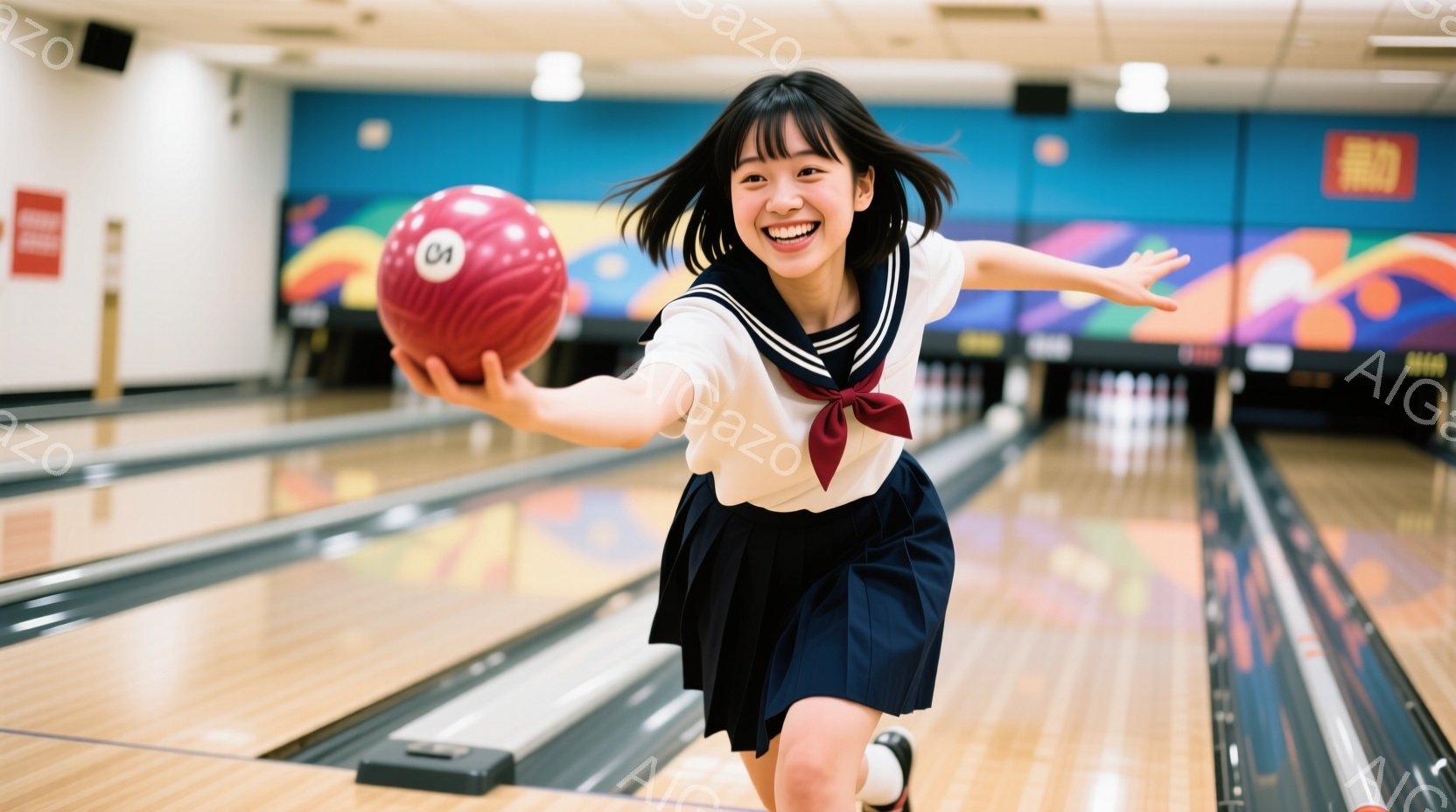 ボーリング場を疾走する女子高生が写っています。彼女は制服姿で、右手にボーリングのボールを持ち、笑顔でボールを投げる直前のポーズをとっています。背景には、ボーリングのレーンとピン、そして観客席が見え、活 - AI生成フリー素材