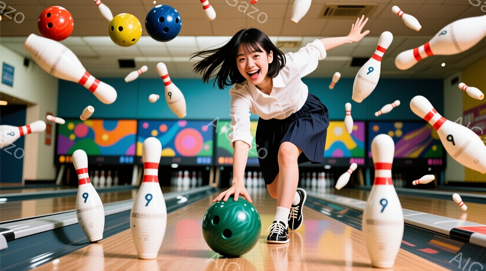 ボウリングのピンが飛び散る中、喜びいっぱいの女性が写っています。彼女は白いシャツと濃い青色のスカート、スニーカーを履いており、髪は動きに合わせて後ろに流れています。背景はカラフルなボウリング場であり、活気に満ちた、エネルギッシュな雰囲気が伝わってきます。