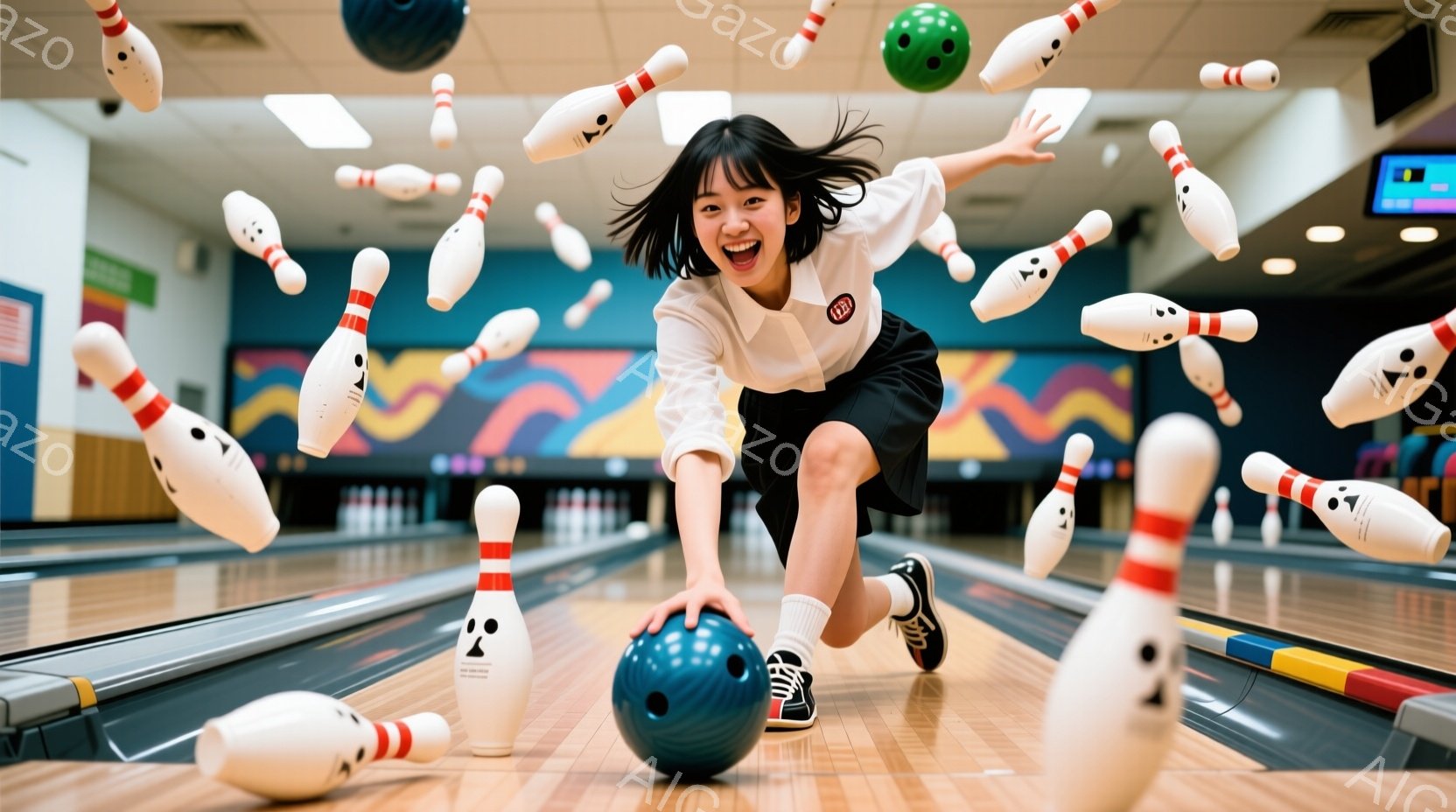 ボウリング場で、黒髪をハーフアップにした若い女性が、ボウリングのボールを投げる瞬間を捉えた写真です。彼女は白いシャツに黒いスカート、白い靴下とスニーカーを履き、顔には喜びの表情が浮かんでいます。背景には転がるピンと、カラフルな内装のボウリング場が見え、躍動感あふれる雰囲気が伝わってきます。