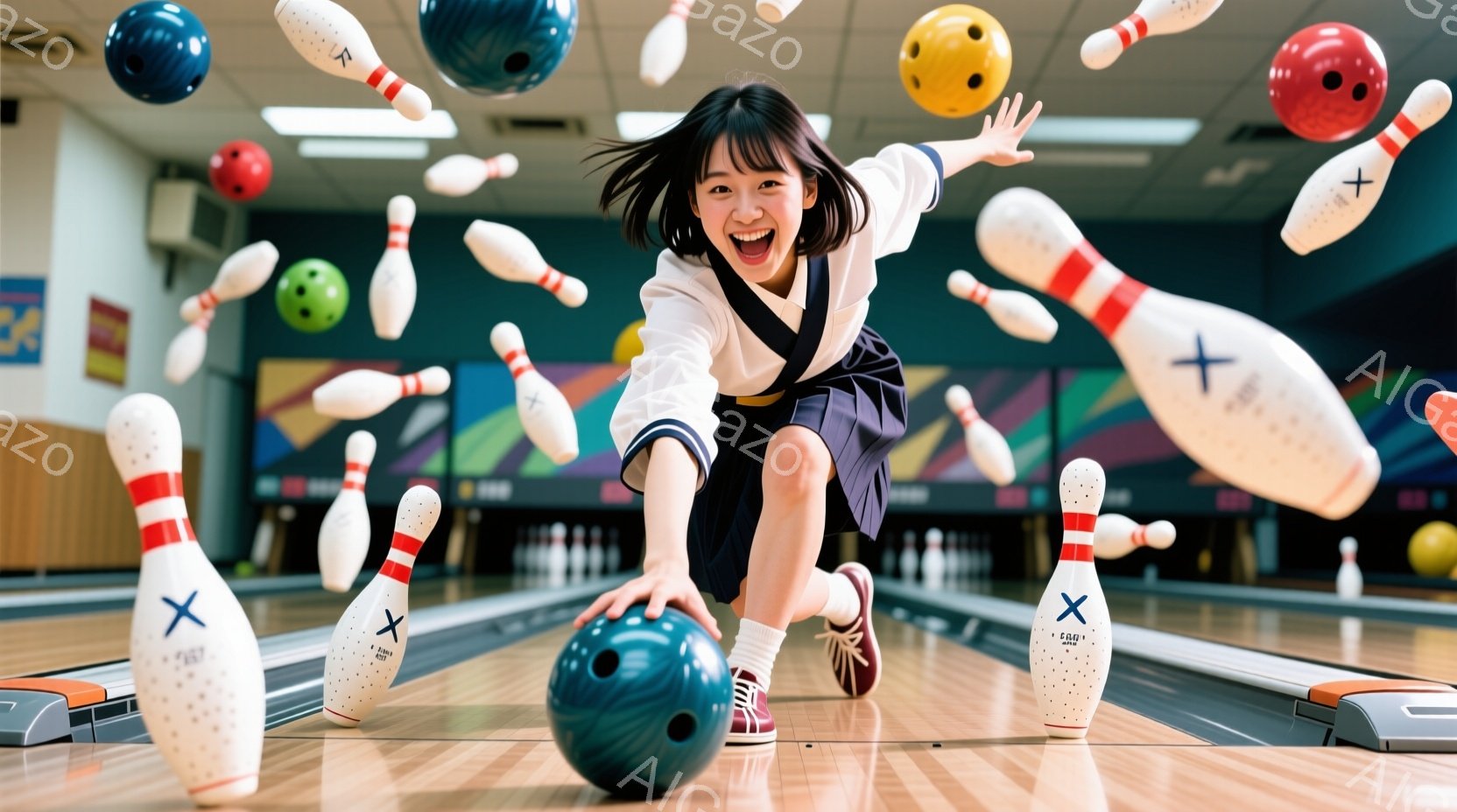 ボウリング場を背景に、若い女性がボウリングのピンが散乱する中で躍動的なポーズをとっています。彼女は白いシャツに紺色のスカートを着用し、髪は短くカットされています。満面の笑みを浮かべ、両手を上げて喜びを - AI生成フリー素材