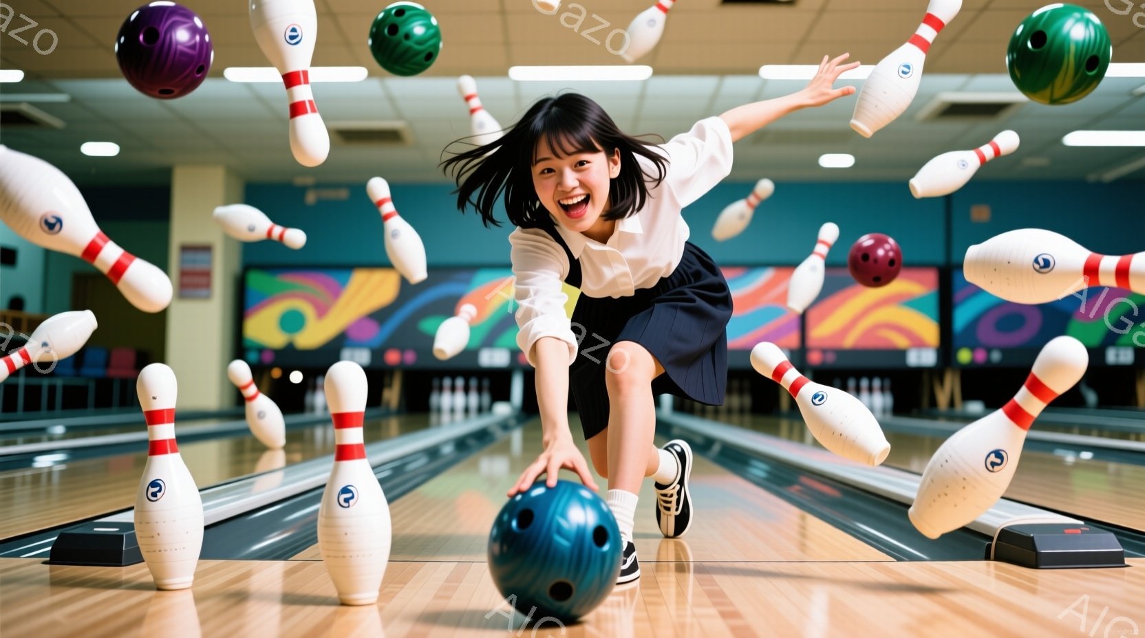 ボウリング場で、若い女性がボウリングのピンが飛び散る中で、両手を広げて喜びの表情を浮かべています。彼女は白いシャツに紺色のスカート、スニーカーを履いており、黒髪を肩まで伸ばしています。背景にはカラフル - AI生成フリー素材