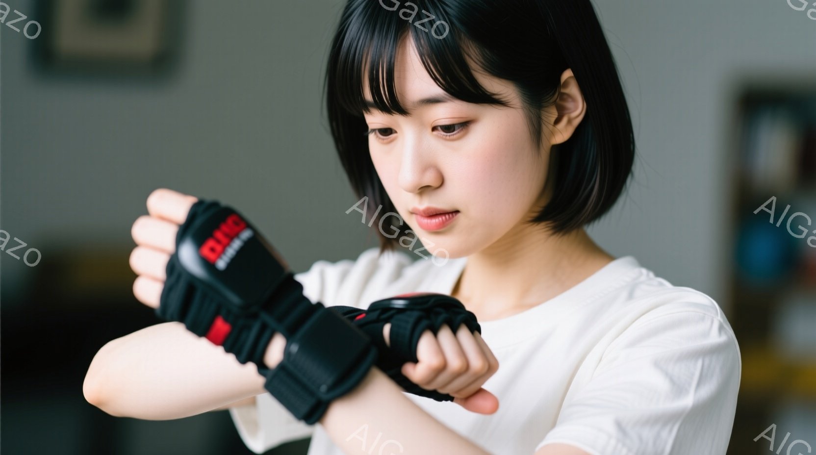 黒髪のショートヘアの女性が、黒と赤のボクシンググローブを片手に装着しようとしています。白いTシャツを着ており、やや緊張した表情でグローブを調整しています。背景はぼやけていますが、壁や家具が見え、室内で - AI生成フリー素材