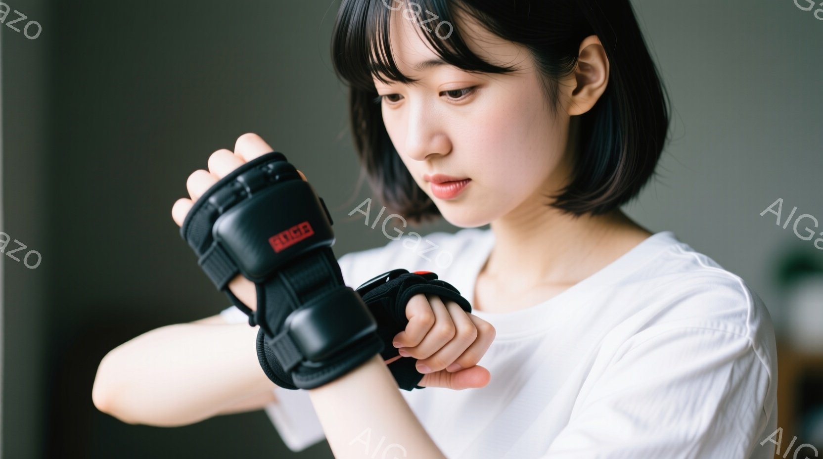 若い女性が黒い手首のサポーターを装着しようとしています。彼女は白いTシャツを着ており、短い黒髪に少し微笑んだ表情を浮かべています。背景はぼやけていますが、室内であるようで、全体的に穏やかで健康的な印象 - AI生成フリー素材