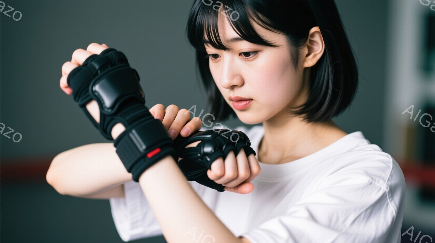 短い黒髪の女性が、ボクシンググローブを装着しようとしています。白いTシャツを着ており、集中した表情で手元を見つめています。背景はぼやけていますが、ジムのような室内であることがわかります。