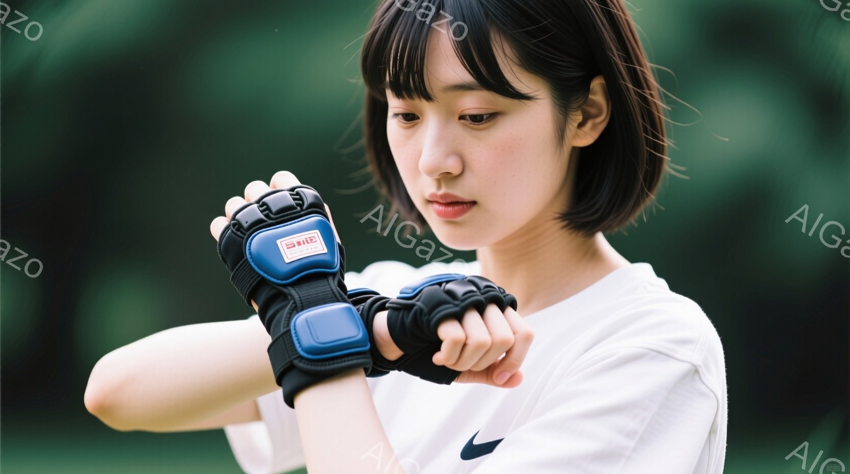 若い女性がボクシンググローブのようなプロテクターを装着しようとしている様子が写っている。彼女は白いTシャツと短い黒髪で、真剣な表情で手首にプロテクターを巻き付けようとしている。背景は緑色の自然で、やや - AI生成フリー素材