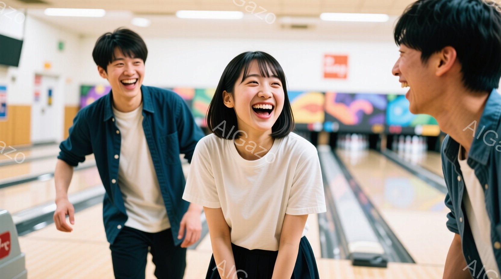ボウリング場で笑う若い男女が写っています。男性は白いTシャツにデニムシャツ、女性は白いTシャツに赤いスカートを着用し、共に明るい笑顔を見せています。背景にはボウリングのレーンとカラフルな壁があり、楽しげで活気のある雰囲気が漂っています。