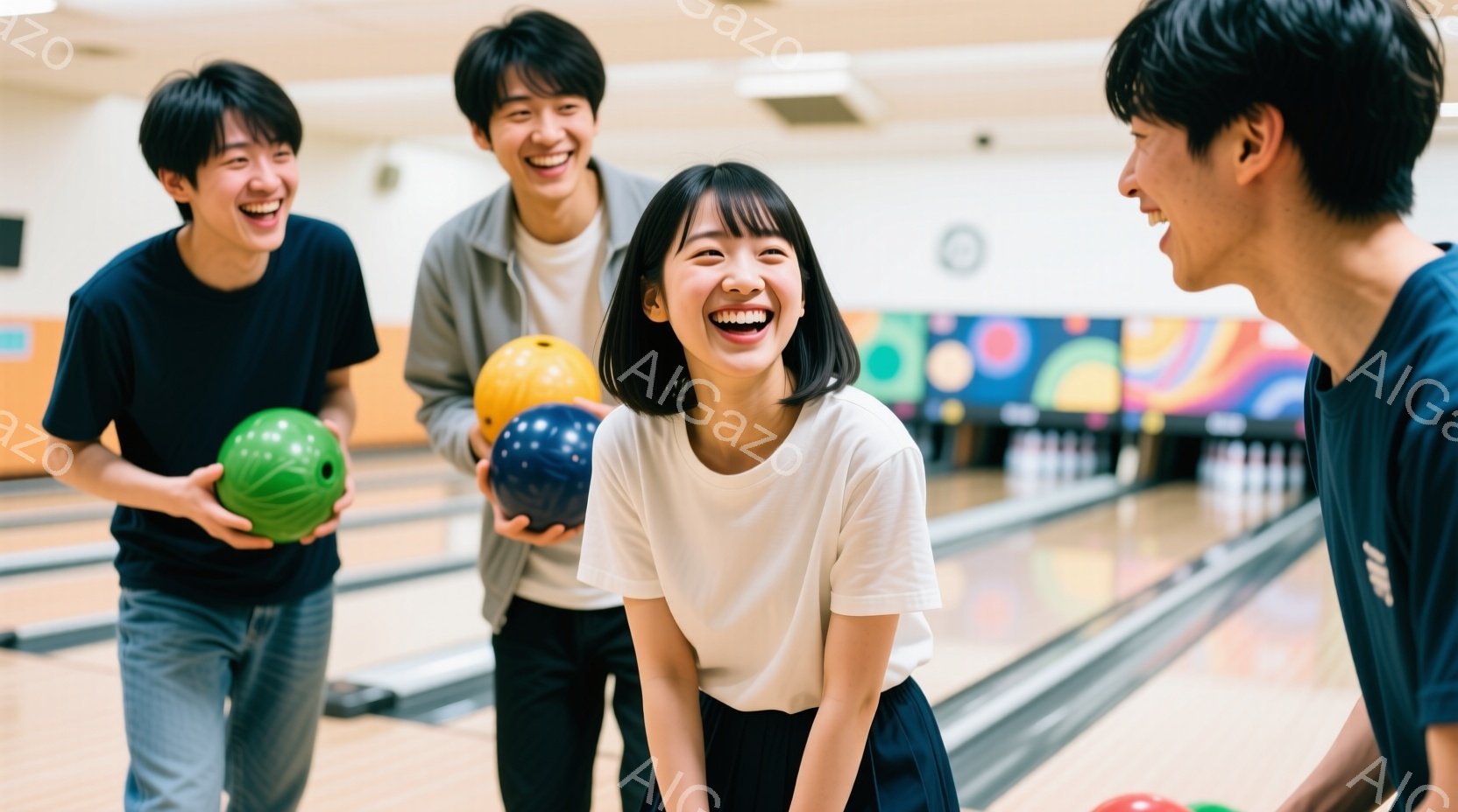 ボウリング場にいる若い男女3人が写っています。女性は白いTシャツと黒いズボンを着用し、満面の笑みを浮かべています。男性はそれぞれネイビーブルーのTシャツ、グレーのパーカーを着ており、楽しそうにボウリングのボールを持っています。