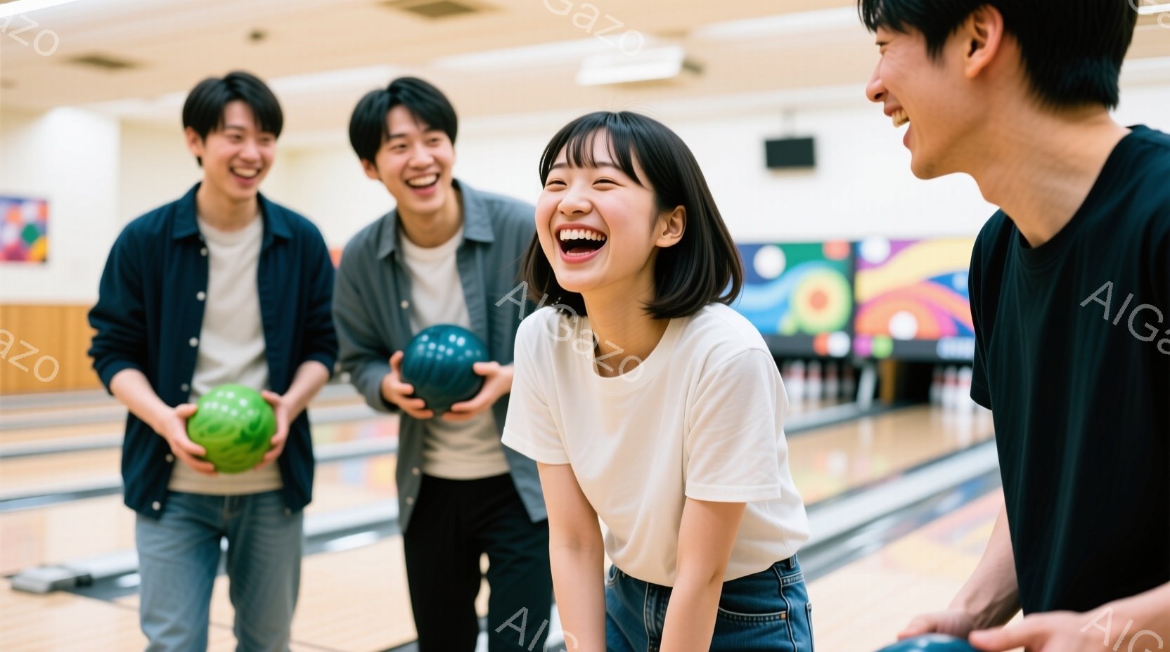 ボウリング場で楽しんでいる若い男女３人が写っています。女性は白いTシャツとデニムのショートパンツを着て、大きく笑っており、両手で腹を抱えています。男性はそれぞれブルーとグレーのカジュアルな服装で、ボウ - AI生成フリー素材