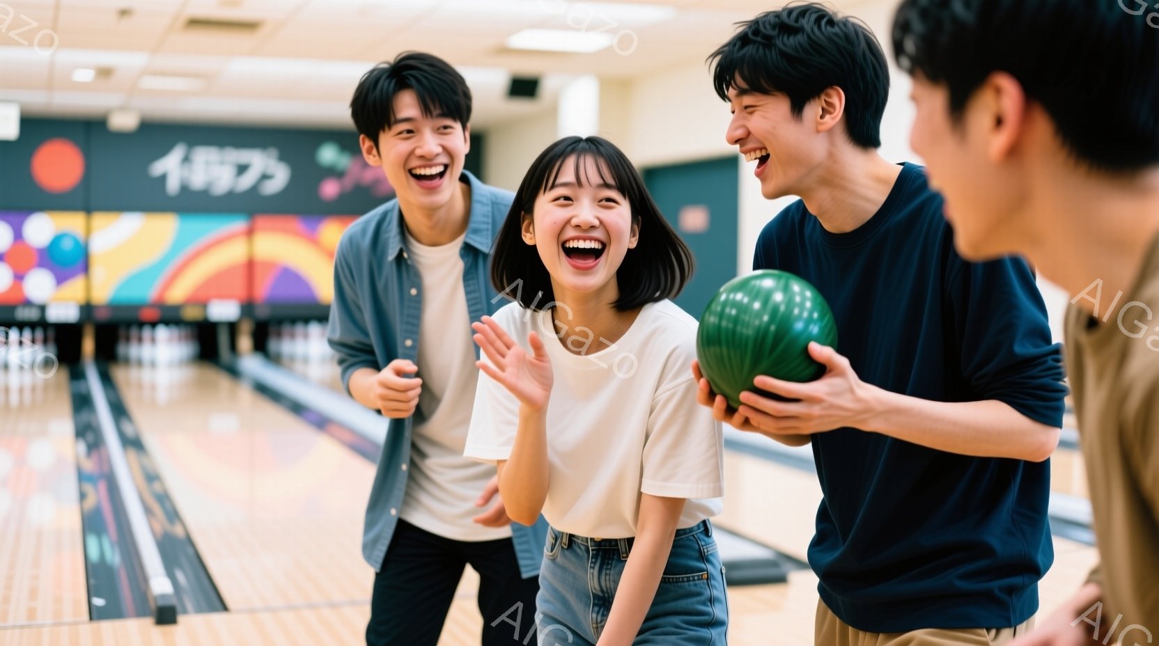 ボウリング場にいる若い男女が写っています。女性は白いTシャツにデニムのショートパンツ姿で、髪を短くカットしています。彼女は笑顔で両手を挙げて喜びを表しており、隣にいる男性二人はそれぞれデニムジャケット - AI生成フリー素材