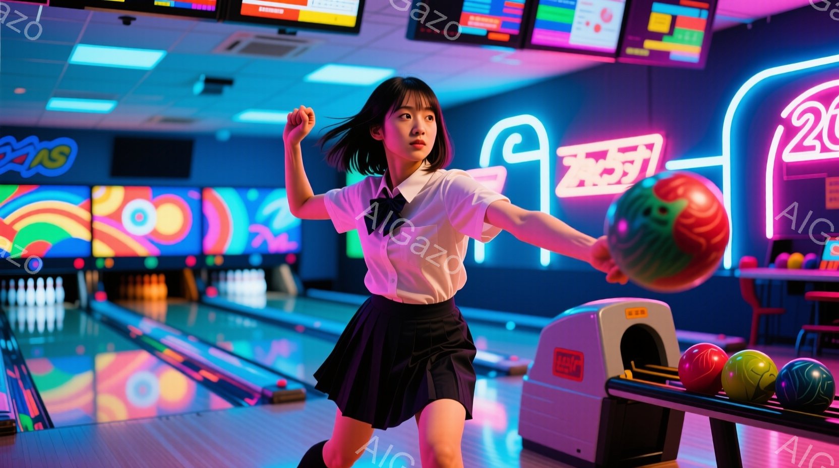 ボウリング場にいる若い女性が、ボウリングボールを投げる直前のポーズをとっています。彼女は白いシャツにネイビーのプリーツスカートを着用し、ロングヘアをサイドに流しています。背景にはカラフルなネオンライト - AI生成フリー素材