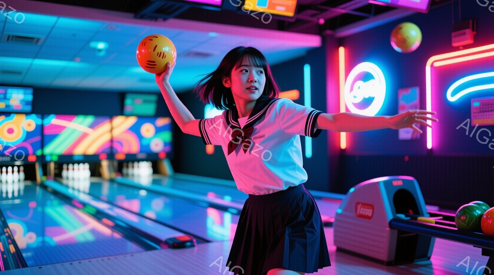 ボウリング場でポーズを取る若い女性が写っています。彼女は白いブラウスとプリーツスカートを着用し、肩までの長さの黒髪で、真剣な表情でボウリングのボールを構えています。背景には、ネオンカラーの照明が輝くボウリングのレーンと、カラフルな装飾が施されたボウリング場内部が見え、活気のある雰囲気が漂っています。