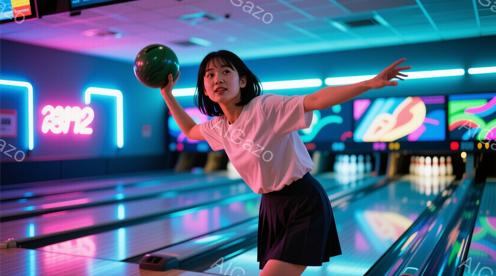 ボウリング場にて、若い女性がボウリングのボールを振りかぶっている様子が写っている。白いTシャツと黒いプリーツスカートを身につけ、前髪をセンターパートにしたショートヘアで、真剣な表情をしている。背景には - AI生成フリー素材