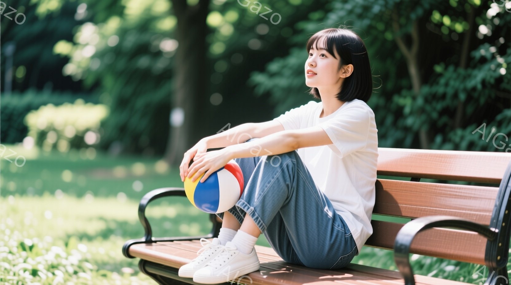 彼女は公園のベンチに座り、膝を抱えて少し物思いにふけっている様子だ。白いTシャツにデニムのズボン、白いスニーカーを履き、ダークトーンのショートヘアに整えている。背景には緑豊かな木々と草が生い茂り、晴天 - AI生成フリー素材