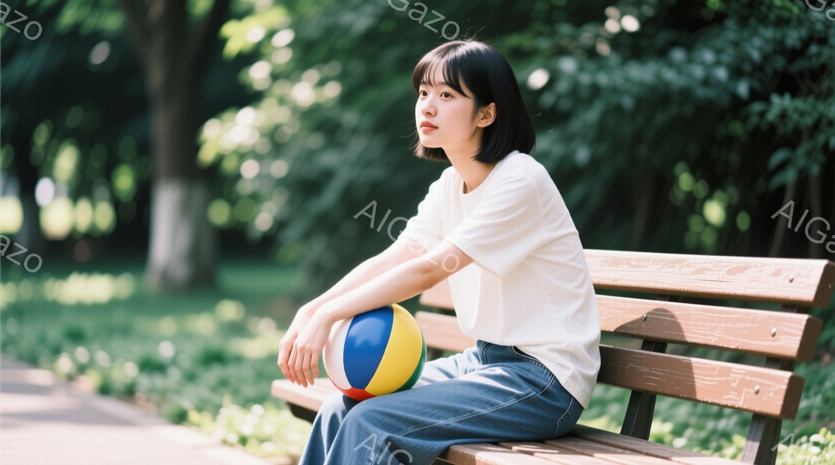 短い黒髪の女性が公園のベンチに座っており、白いTシャツとジーンズを着用しています。彼女は少し物憂げな表情で遠くを見つめ、膝の上にカラフルなボールを乗せています。背景には緑豊かな木々と歩道が見え、晴れた - AI生成フリー素材