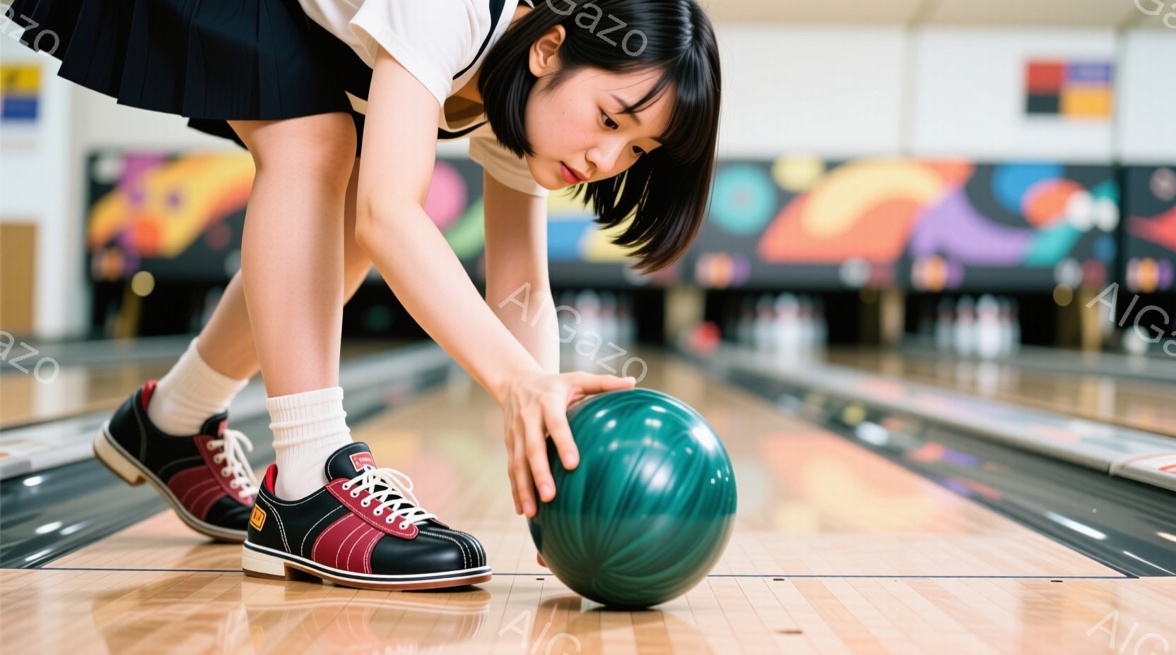 ボウリングのレーンにひざまずき、緑色のボールに手を置いた若い女性が写っています。彼女は白いシャツと黒と赤のボウリングシューズ、白いソックスを履き、短い黒髪をしています。背景にはカラフルな模様があり、ボ - AI生成フリー素材
