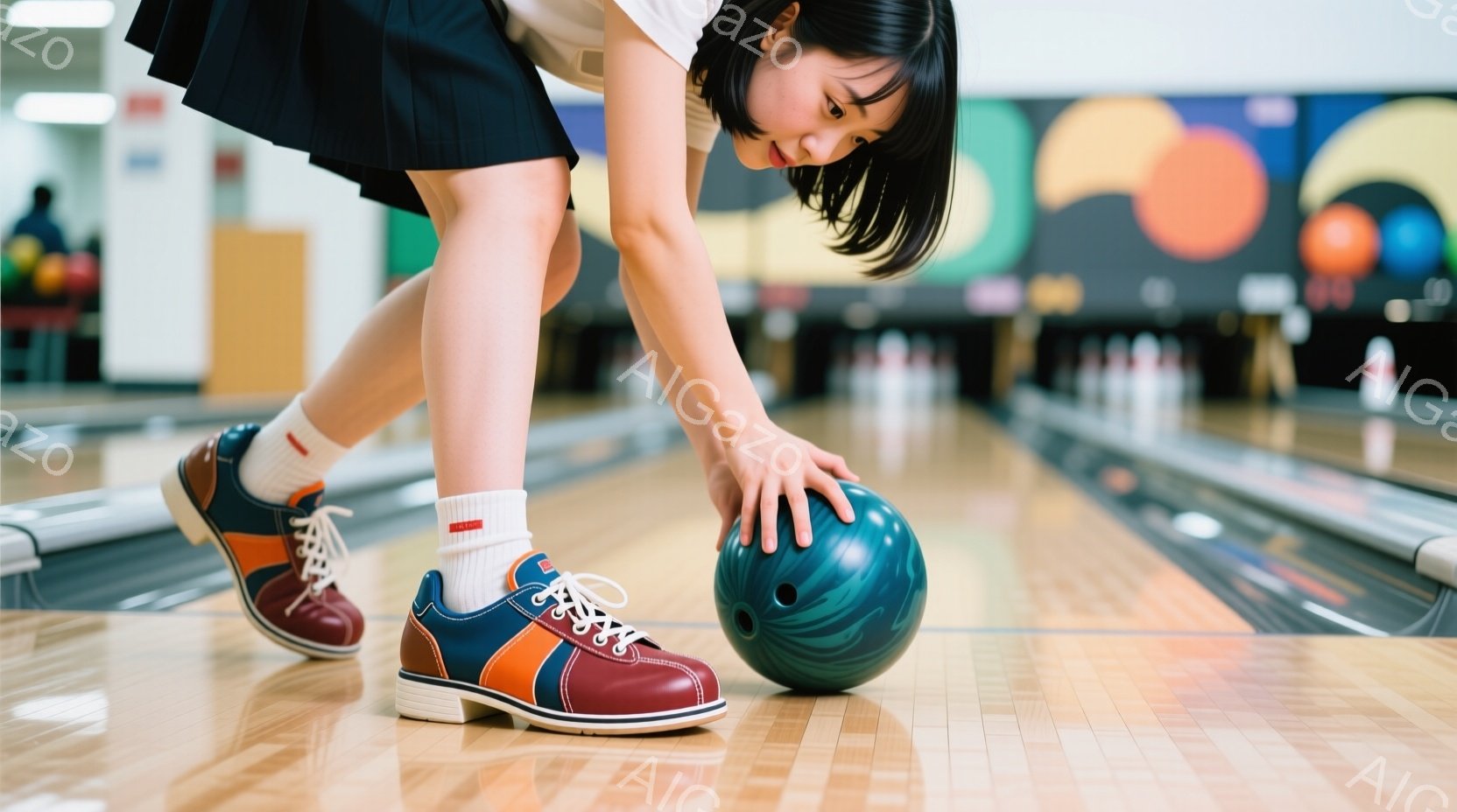 ボウリング場で、若い女性がボウリングの球を構えている様子が写っています。彼女は白いシャツにプリーツスカート、赤い靴下と赤と青のボウリングシューズを履いており、黒髪をポニーテールにしています。球に向かって前かがみになり、集中した表情で次の投球の準備をしている様子がわかります。