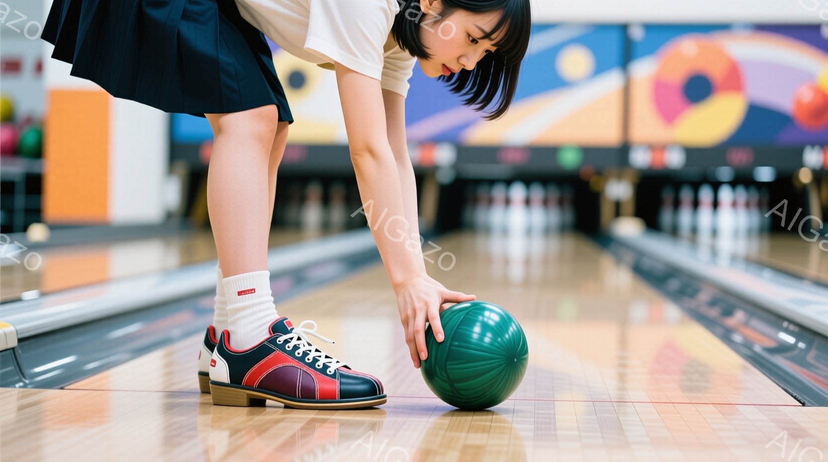 ボウリングのレーンに身をかがめた若い女性が、緑色のボーリングボールを見つめている。白いシャツに紺色のプリーツスカート、そして赤と紺のボーリングシューズを履いている彼女は、前髪を下ろしたヘアスタイルで、 - AI生成フリー素材